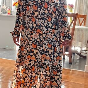 Who What Wear Black Floral Long Sleeve Maxi Dress with Orange Accents